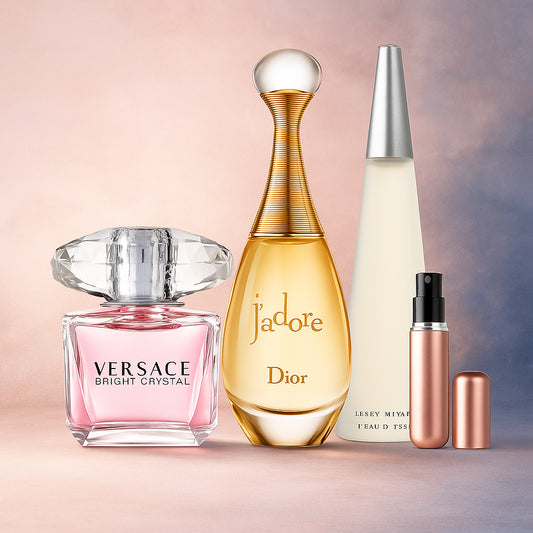 Combo Dama (Versace Bright Crystal, J’adore Dior, Issey Miyake L’Eau d’Issey – 100 ml c/u)